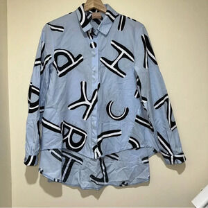 Women’s Zeta Otto Brand High Low Blue and BlackLetter Print Made in Italy Blouse